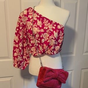 Magenta Pink Floral One Shoulder Long Sleeve Crop Top NWT